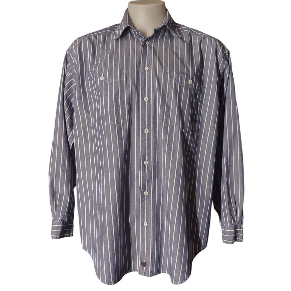 Nordstrom Shirt Mens 16.5 L‎ Blue White Striped Long Sleeve Box Pleat Cabin Core